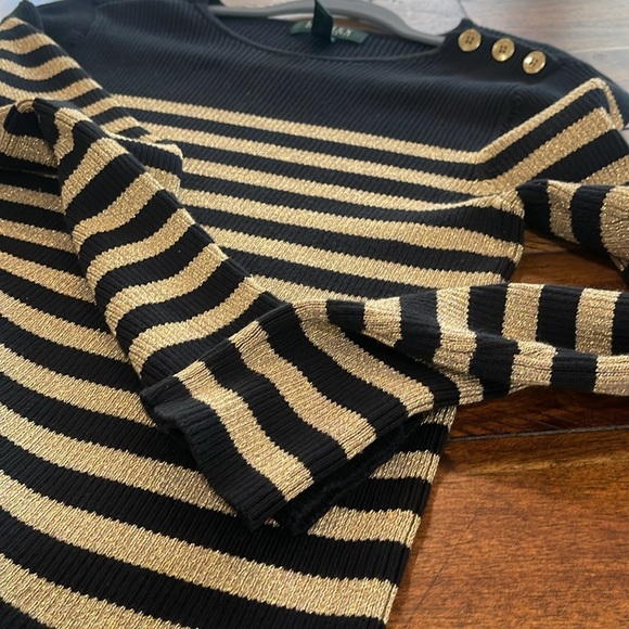 Lauren Ralph Lauren black gold metallic ribbed stripe knit crew neck sweater PL - Picture 12 of 14